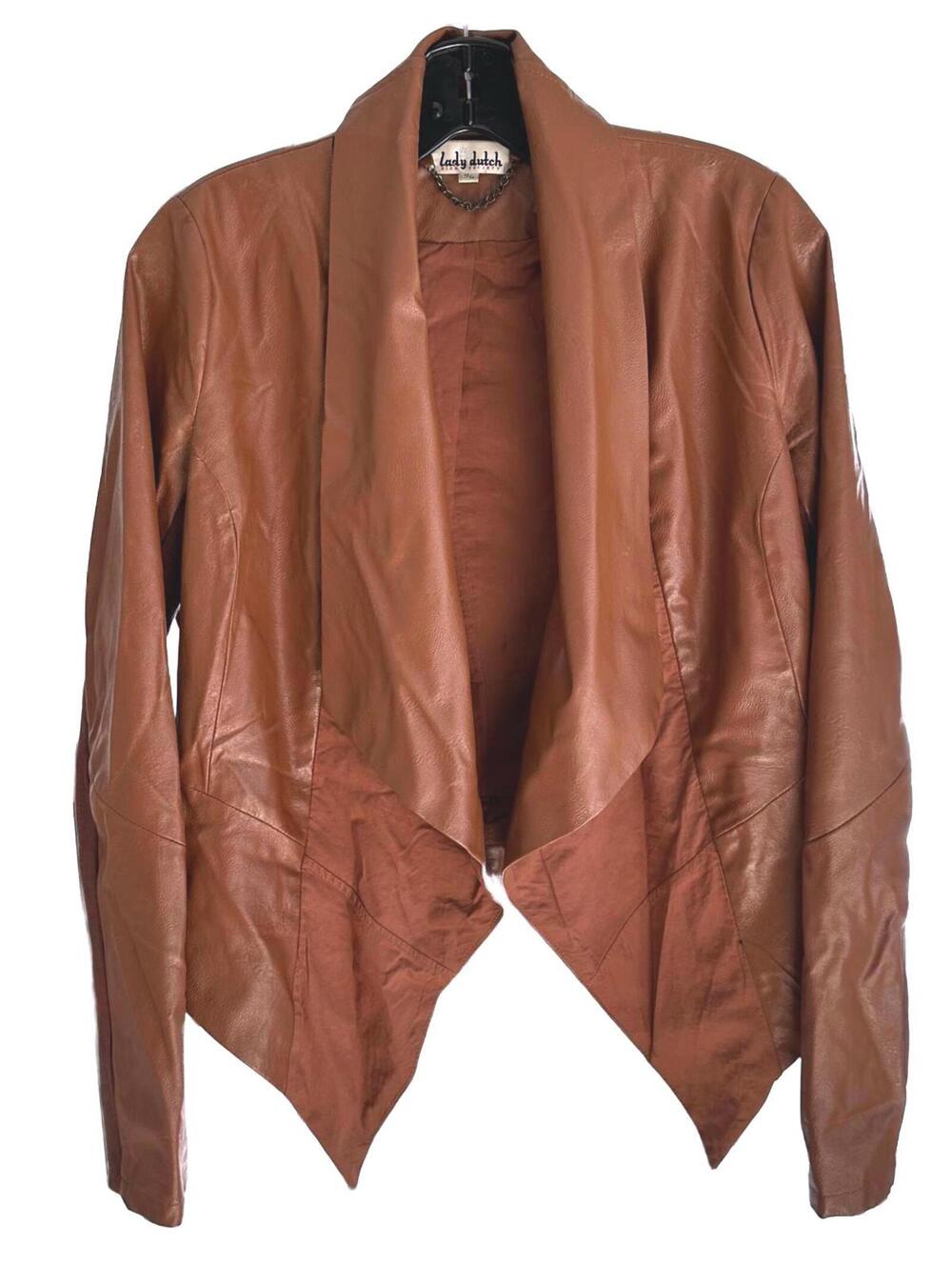 Lady Dutch Draped Front Cognac Faux Leather Open Front Jacket - Medium